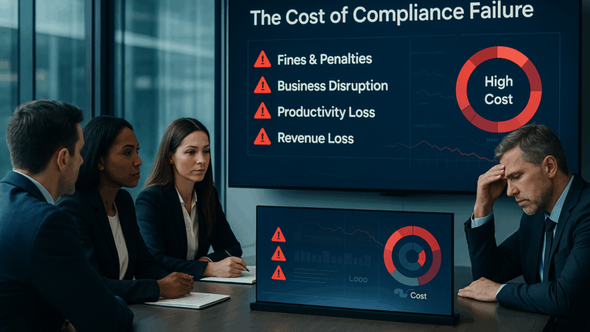 Executives in a boardroom reviewing a presentation on the high cost of compliance failure, highlighting fines, business disruption, productivity loss, and revenue loss.