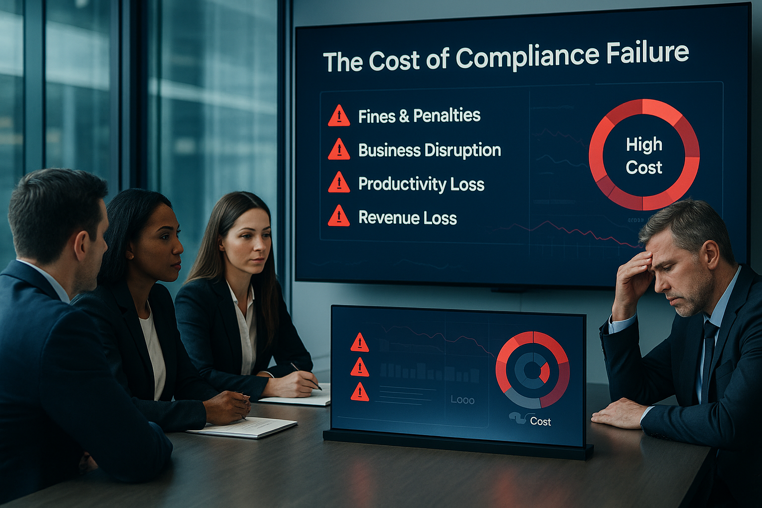 Executives in a boardroom reviewing a presentation on the high cost of compliance failure, highlighting fines, business disruption, productivity loss, and revenue loss.