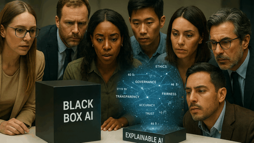 Business team comparing Black Box AI and Explainable AI with Lexa Shield branding, highlighting compliance and transparency.