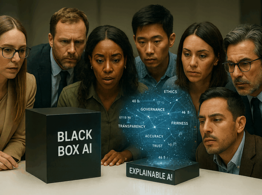 Business team comparing Black Box AI and Explainable AI with Lexa Shield branding, highlighting compliance and transparency.